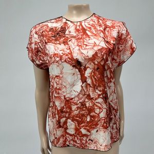 Tribune Standard 100% Silk Blouse Top Small Floral Rose Crew neck Shirt Red CC9
